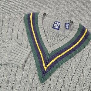 Vintage Gap Sweater Men XL Gray Cable Knit V Neck Cricket Tennis Pullover Preppy